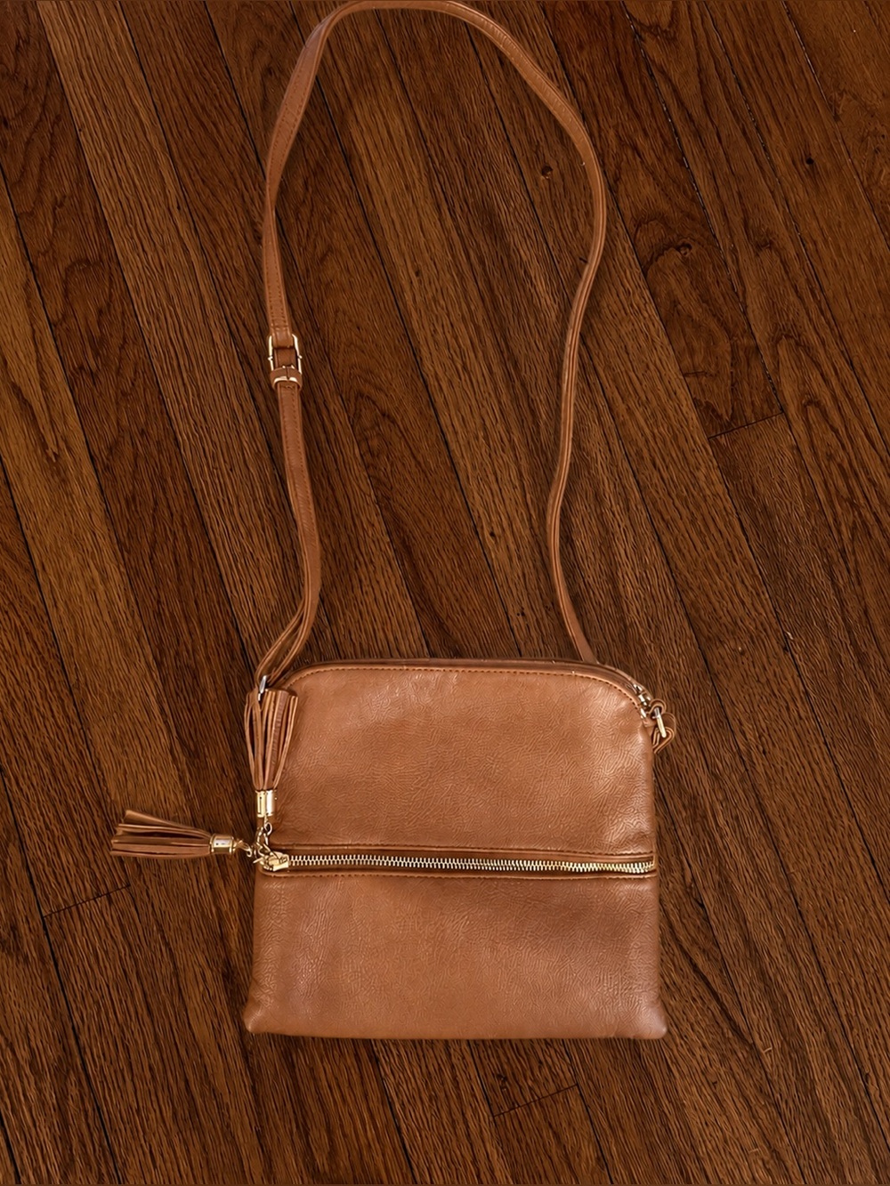 Cognac Crossbody Purse Tassel Detail Vegan Leather Bag - Picture 3 of 6
